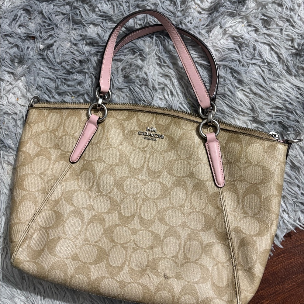 Coach Tan and Pink Shoulder Bag with Signature Monogram